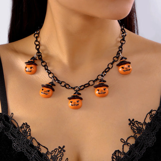 Trendy Goth Halloween Necklace for Women Cartoon Funny Pumpkin Ghost Bat Witch Pendant Necklace Girls Cosplay Party Jewelry Gift