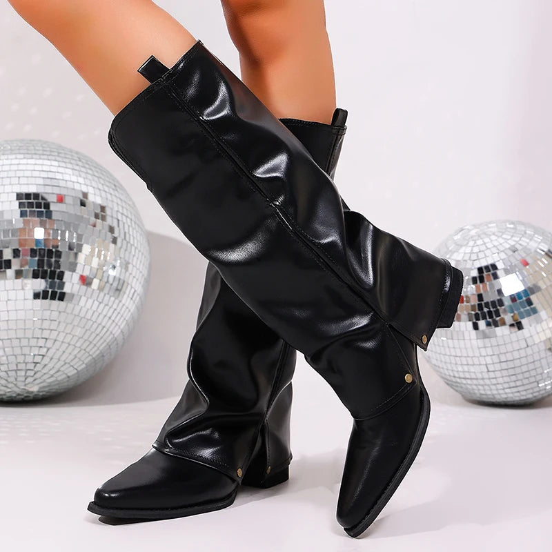 Fashion Pointed Toe Knee High Boots Women Plus Size 43 Streetwear High Heel Pants Boots Woman Black Pu Leather Long Botas Mujer
