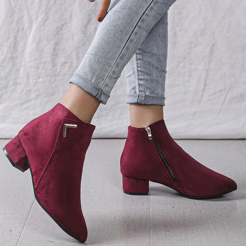 Burgundy Faux Suede Ankle Boots Women Spring Autumn 2025 Classic Metal Decoration Boots Woman Zipper Pointed Toe Botas Mujer