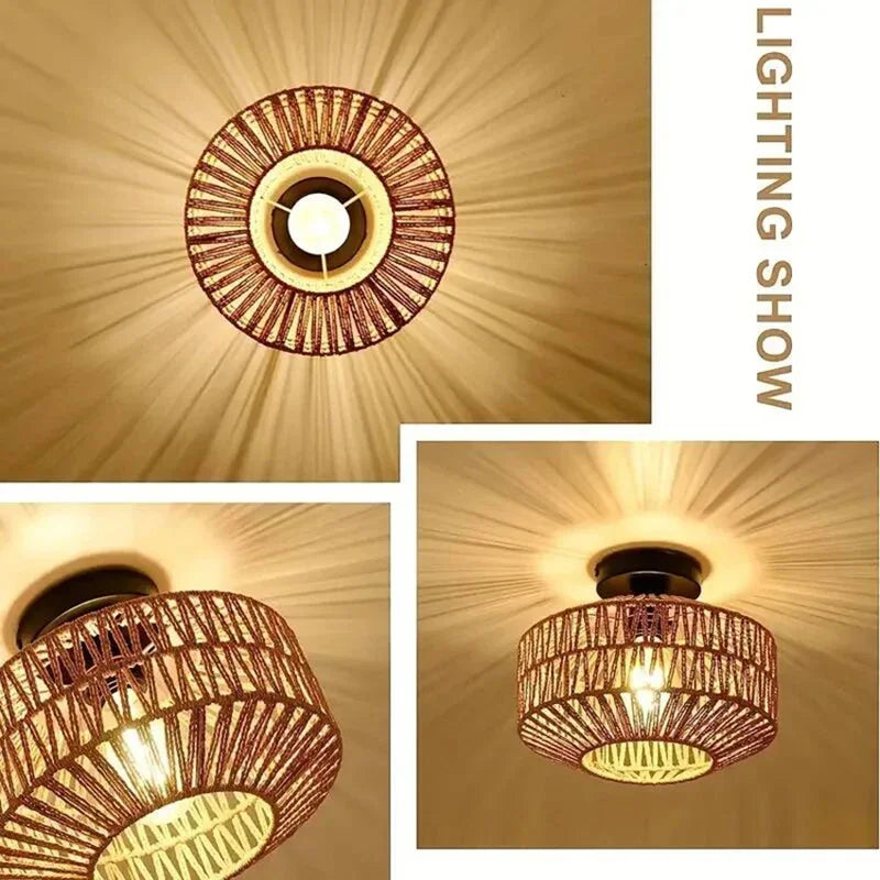Natural Bamboo Ceiling Chandelier Hanging Lamp Handmade Rattan Weaving Home