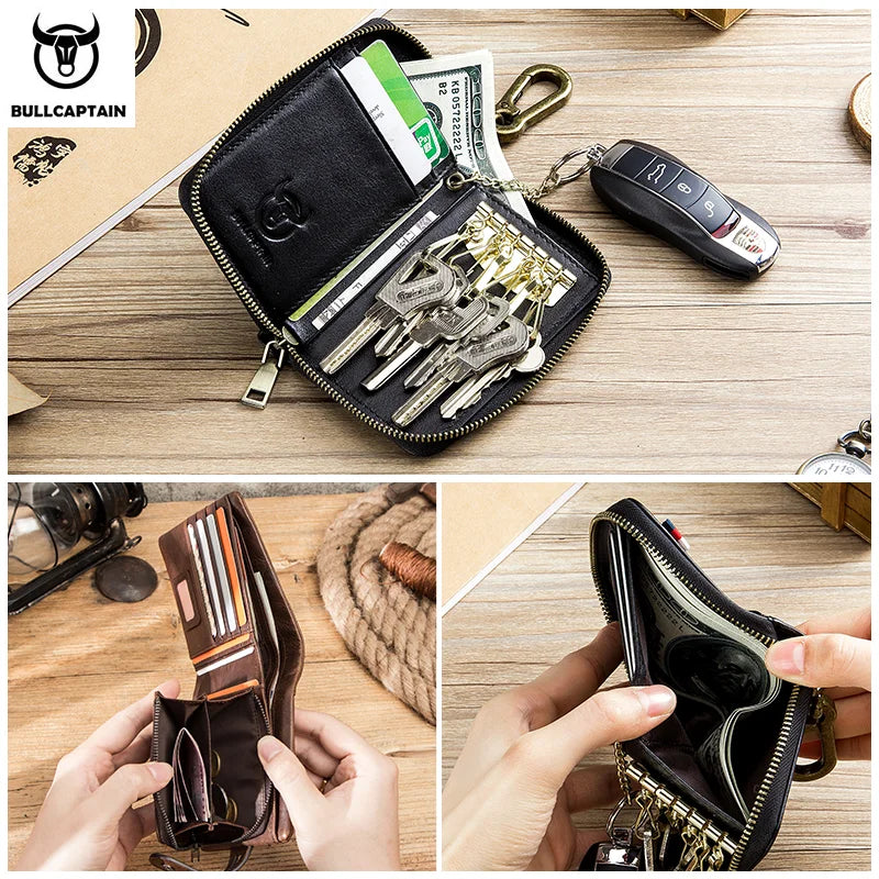 BULLCAPTAIN Leather Men's Key Bag Fashion Storage Bags Car Cover Compact Mini Card Holder Coin Purse Man Butler Keychain