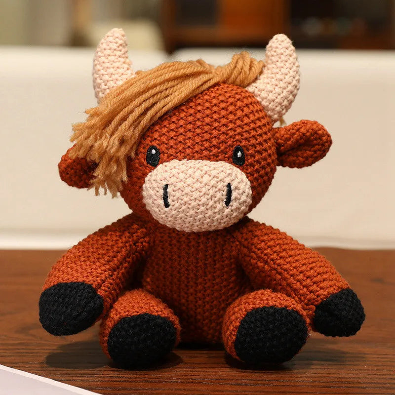 Cute Knitted Cartoon Animal Toy Stuffed Cow Cattle Fox Dinosaur Whale Shark Sitting Standing Small Appeasing Gift