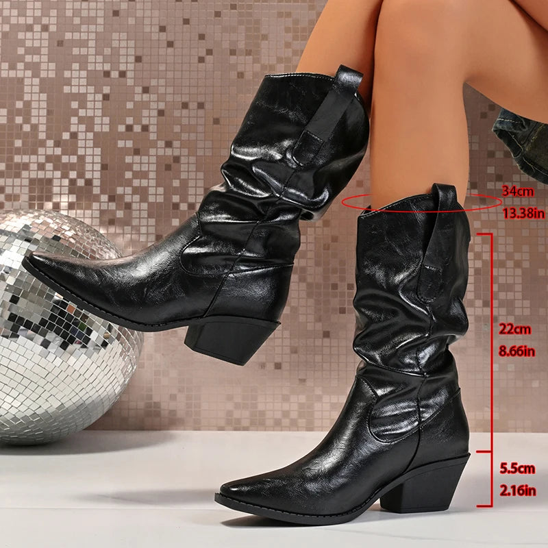 Brown Pu Leather Western Boots for Women Sexy Pointed Toe Thick Heels Mid Calf Boots Woman Slip On Fashion Botas Plus Size 42