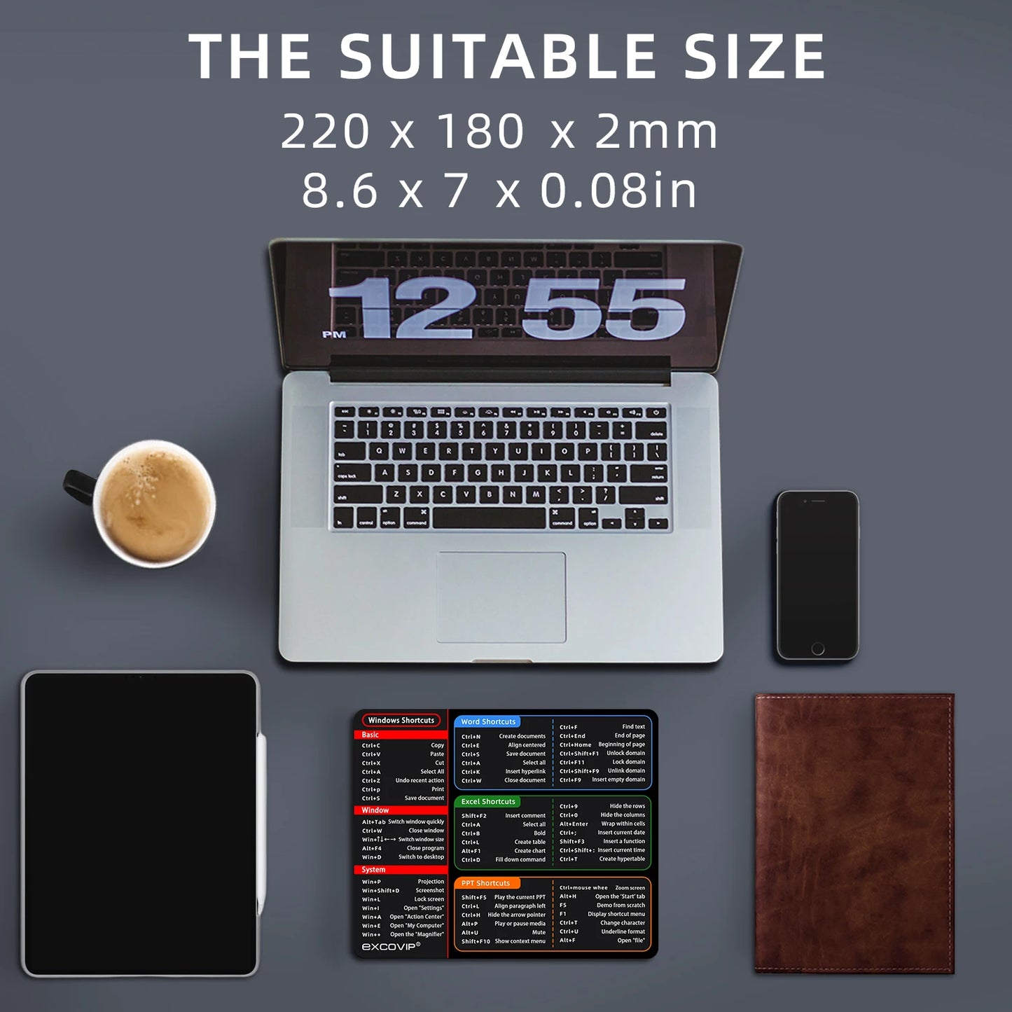 EXCO Shortcuts Mouse Pad for Excel Windows Office Mousepad Small Keyboard Commands Non-Slip Rubber Base for Home Computer Laptop