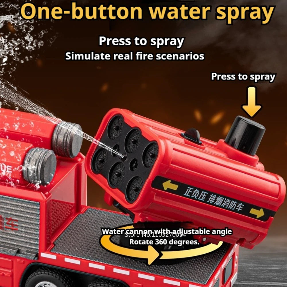 1:50 Spray Fire Truck Alloy Diecast Model Toys Car One Click Water Spray Sound Light Pull Back Removable Pipeline Cars Kids Gift