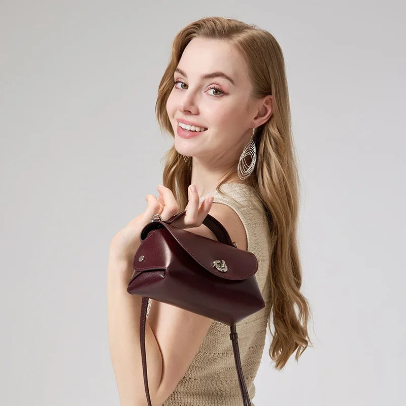 Genuine Cowhide Leather Mini Flap Crossbody Bag for Women Luxury Designer Smooth Leather Top Handle Bag with Twist Lock Closure