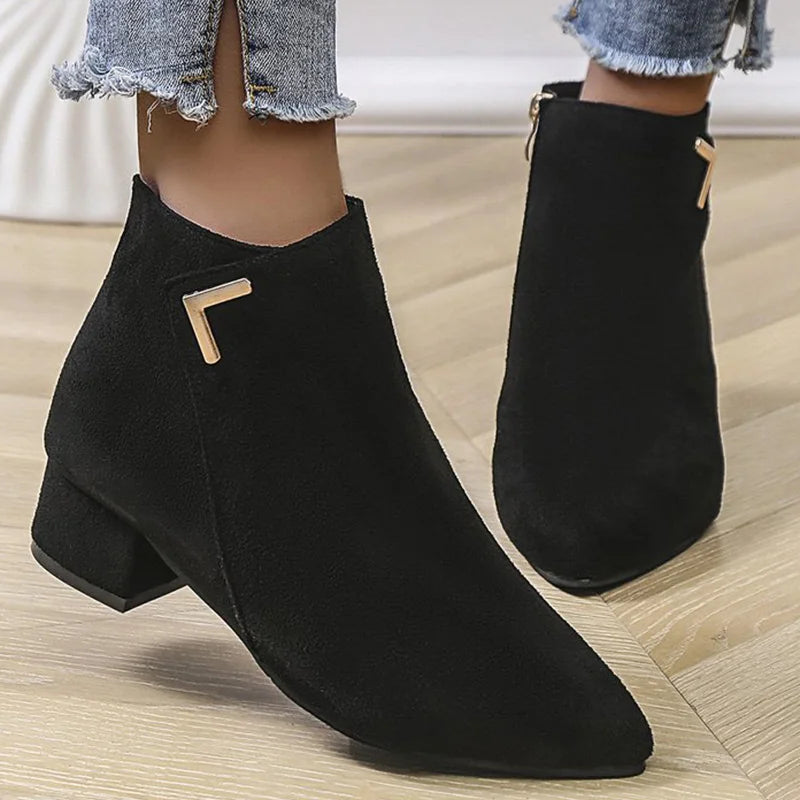 Spring Autumn Fashion Faux Suede Ankle Boots Women Solid Color Zipper Boots Woman Metal Decoration Pointed Toe Botas Lady