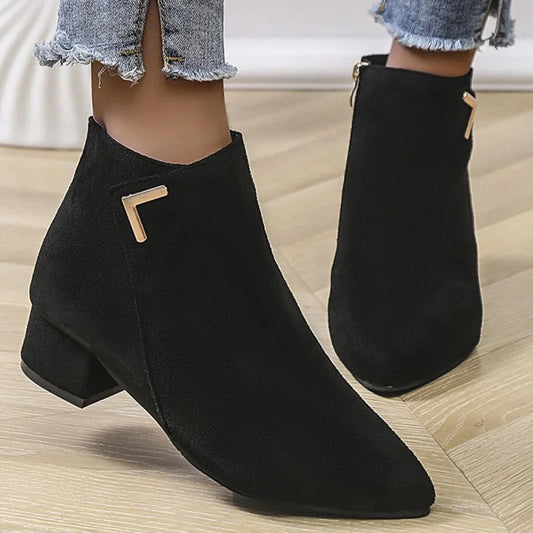 Spring Autumn Fashion Faux Suede Ankle Boots Women Solid Color Zipper Boots Woman Metal Decoration Pointed Toe Botas Lady