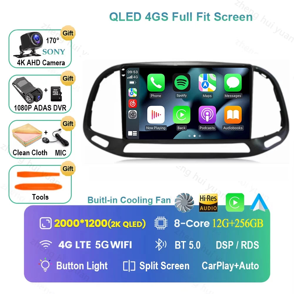 For Fiat Doblo 2015 - 2018 2019 2020 Android 16 GPS WIFI 4G Carplay&Auto Car Radio Navigation QLED Multimedia Stereo Player BT