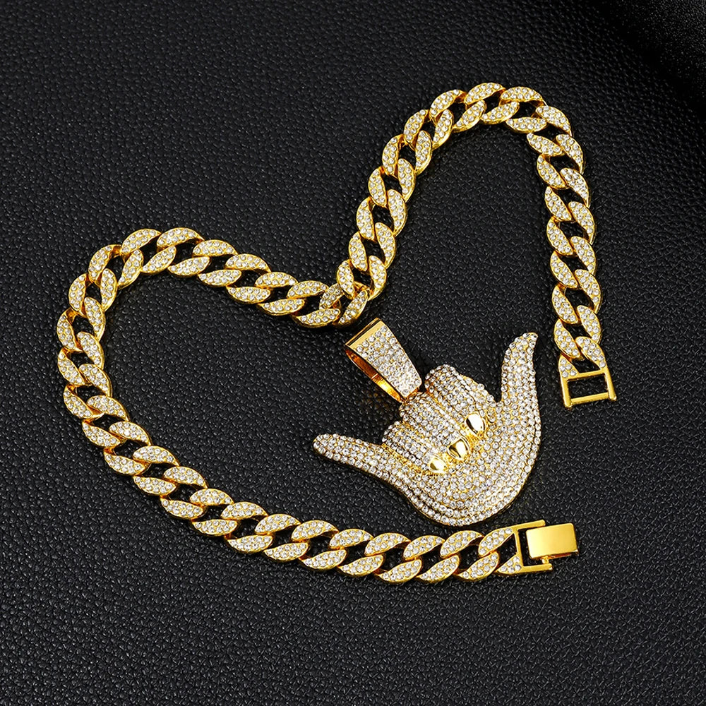 Hip Hop Number 6 Gestures Pendants Necklaces With 15mm Cuban Chain Fashion Bling Crystal Personality Cool Jewelry For Men Women