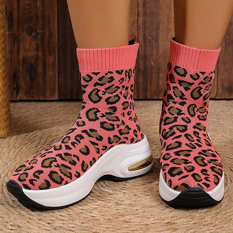 Fashion Leopard Print Platform Ankle Boots Women Comfy Slip On Breathable Knitted Boots Woman Plus Size 35-43 Wedges Short Boots