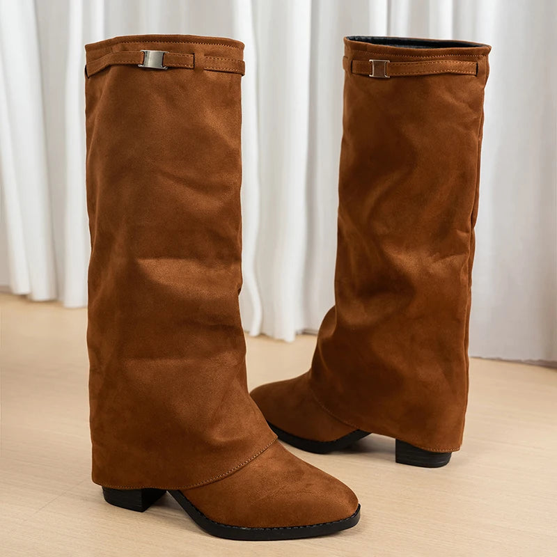 Fashion Flock High Heels Knee High Boots Women Plus Size 36-43 Pointed Toe Shark Boots Woman Slip On Wide Leg Long Botas Mujer