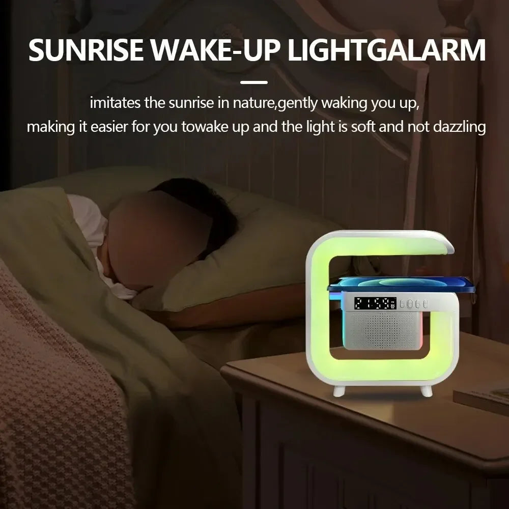 Wireless Charger Stand Pad Bluetooth Speaker Alarm Clock RGB Light Night Lamp Fast Charging Station for iPhone Samsung Xiaomi