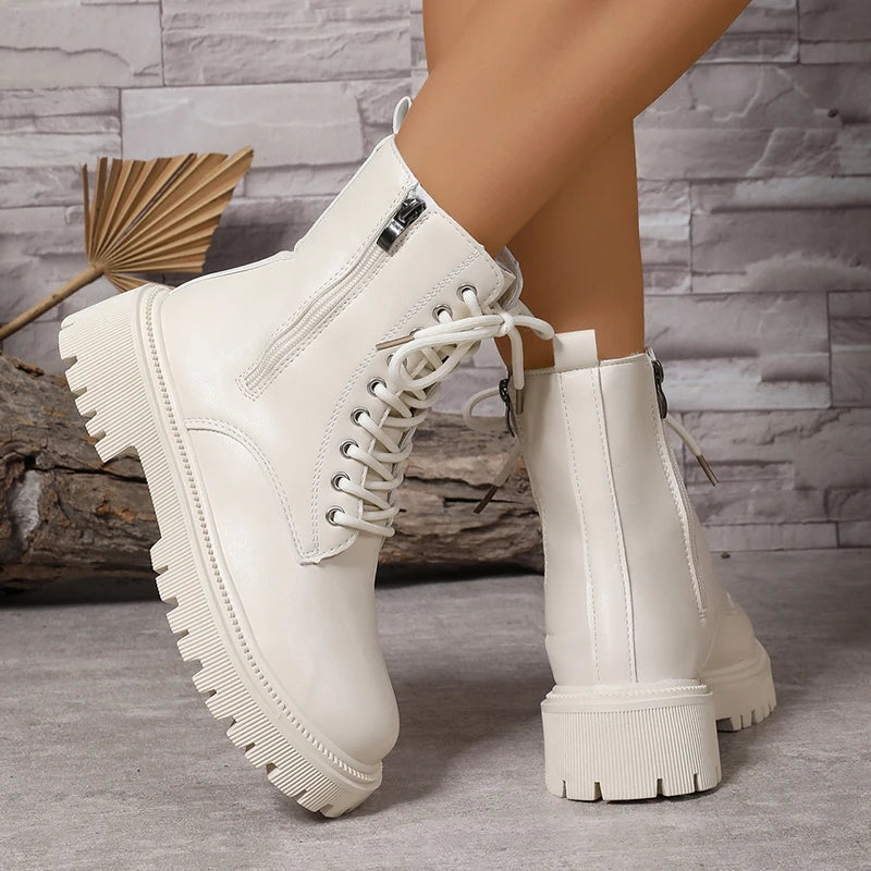 2025 Zippers Platform Ankle Boots for Women Autumn Winter Warm Thick Plush Short Booties Mujer Thick Sole Lace Up Boots Woman