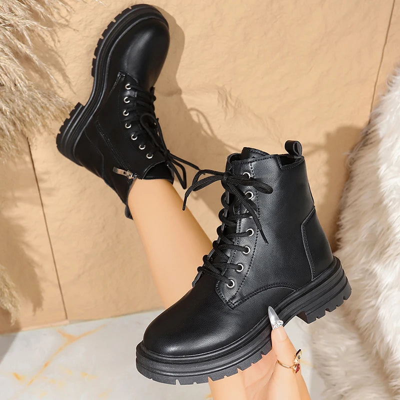 Fashion Lace Up Black Ankle Boots for Women Autumn Winter Zip Platform Combat Boots Woman Classic Pu Leather Short Booties Mujer