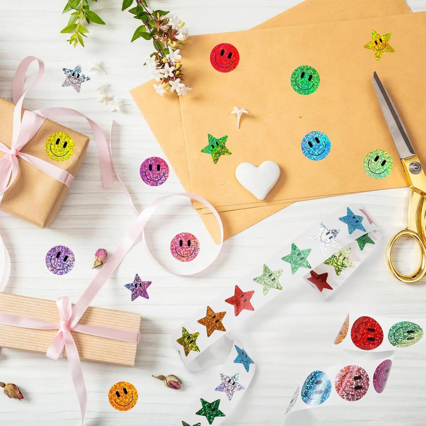 500pcs/roll Smile Face Star Stickers Thank You Stickers Photocard Decor Packaging Pack Stickers Roll Rolling Lables
