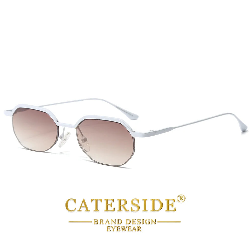CATERSIDE Retro Polygon Sunglasses Men Metal Semi Rimless Sun Glasses Uv400 Women Outdoor Protection Driving Decorative Eyewear