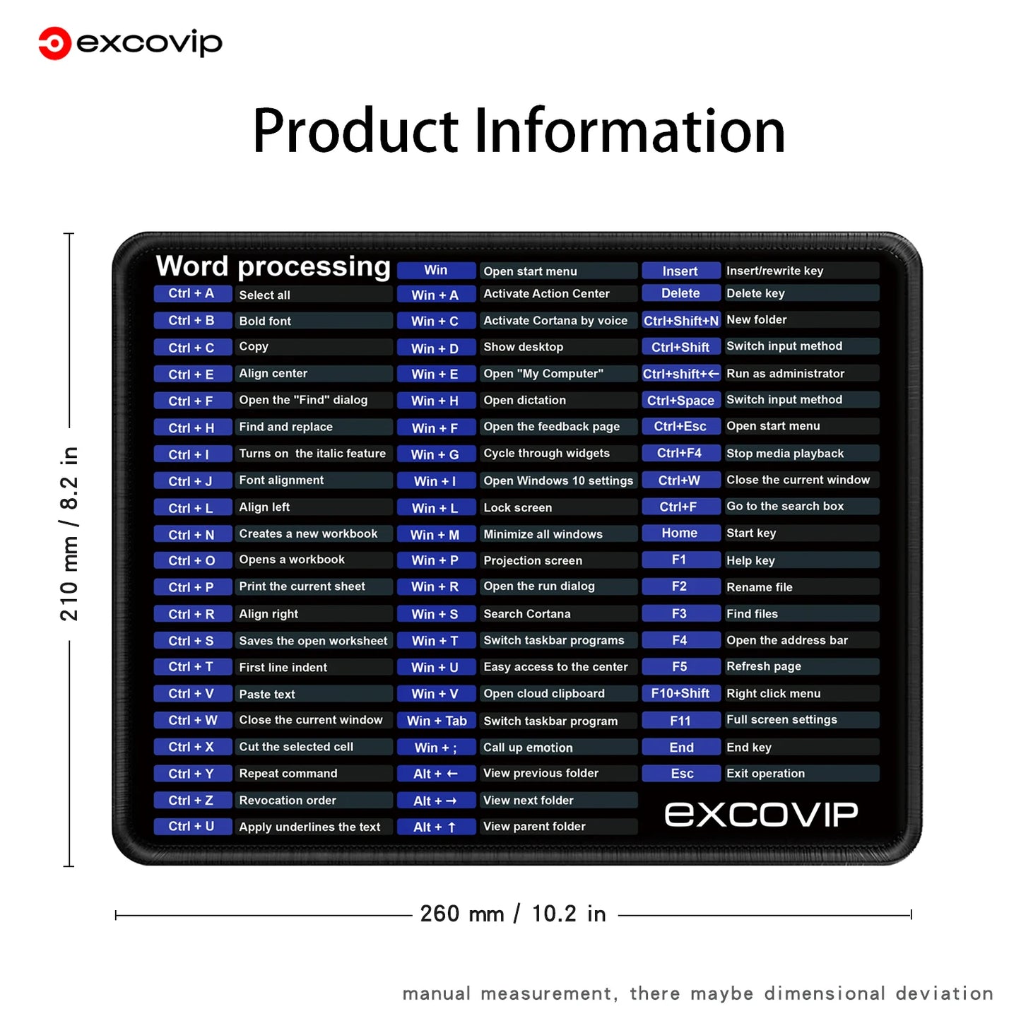 EXCO Shortcuts Mouse Pad Small with Stitched Edge Office Word CAD Smooth Cloth Mousepad Non-Slip Rubber Base for Computer Laptop
