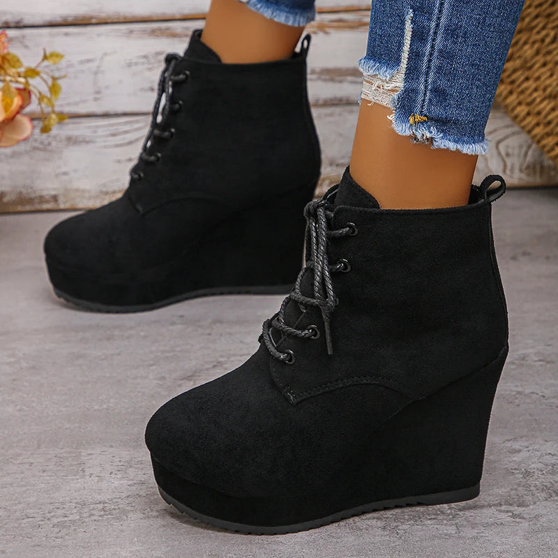 Fashion Lace Up Wedge Boots for Women Plus Size 35-42 Chunky Platform Ankle Boots Woman Autumn Winter Faux Suede Short Booties