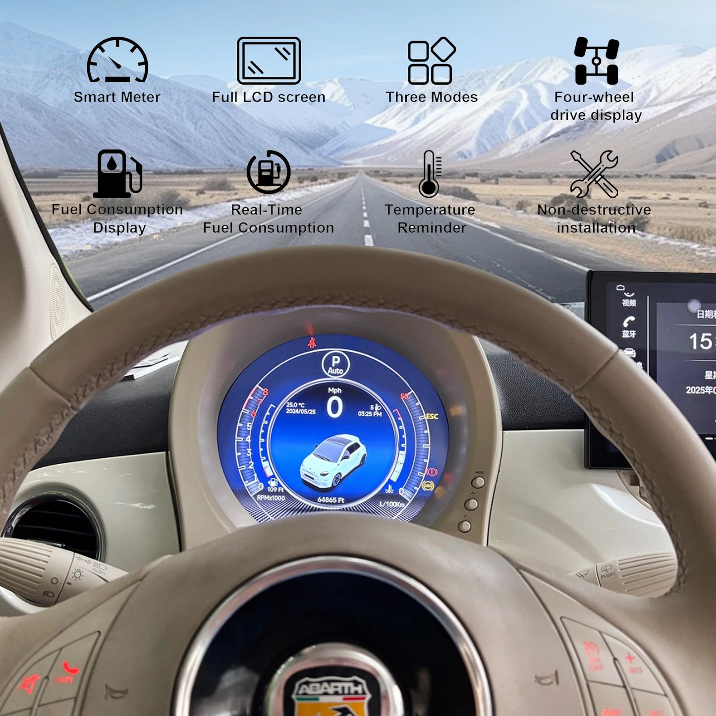 Cluster digital instrument cluster For Fiat 500 2007-2024 LCD instrument panel Speedometer  iOS CarPlay and Android Auto