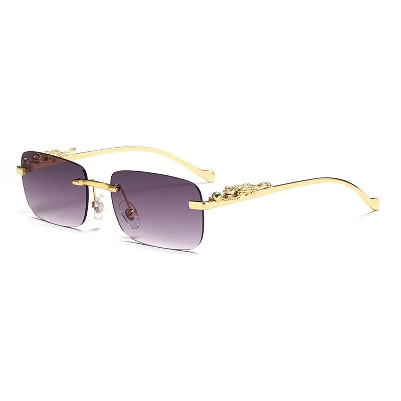 Rimless Square Fashion Fashion Glasses with Leopard Print Accents, Golden - Tone Metal Frame, Gradient Lenses