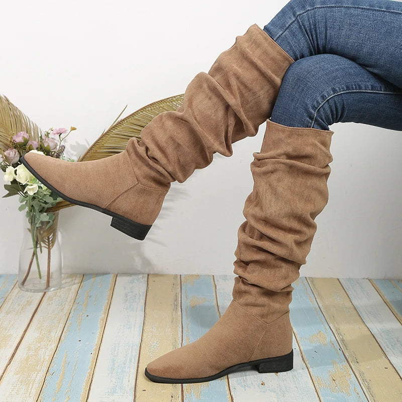 Vintage Faux Suede Knee High Boots Women 2025 New Thick Heeled Pleated Long Boots Woman Autumn Winter Slip On Tall Botas Mujer