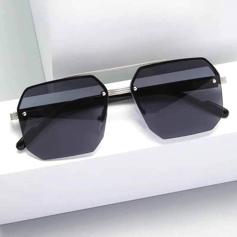 Trendy Aviator Sunglasses for Mens Womens Retro Double Bridge Metal Driving UV400 Outdoor Eyewear Semi-Rimless