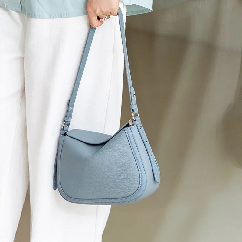 Genuine Cowhide Leather Flap Hobo Shoulder Bag for Women Pebbled Leather Casual Crossbody Bag Luxury Designer Underarm Bags