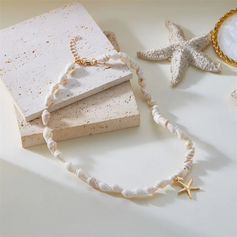 Summer Beach Style Shell Starfish Pendant Necklace for Women Handmade Seashell Conch Beaded Choker Necklace Boho Party Jewelry