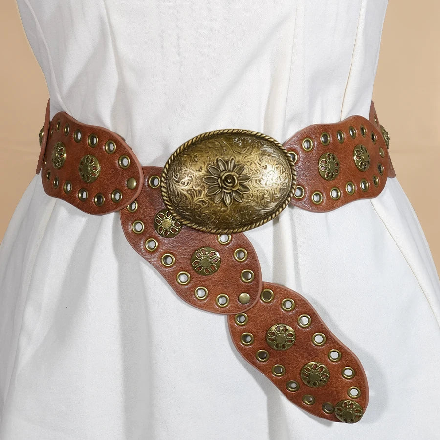 Vintage Flower Metal Buckle Wide Belt Brown Hollow Rivet Women's Waist Cinch Leather Belt Retro Distressed Style