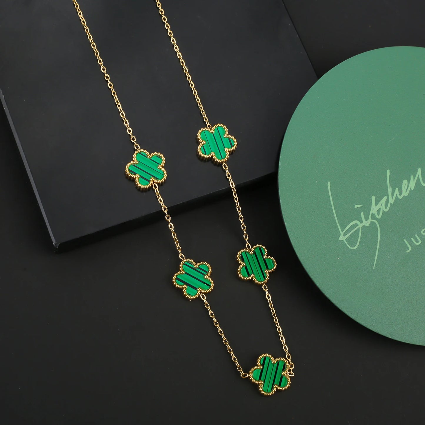 Stainless Steel Leaf Flower Clover Bracelet Jewelry Set Necklace Earrings Woman