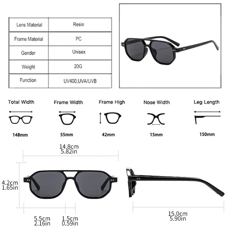 JNPCXI Vintage Double Bridges Polygon Square Men Sunglasses Fashion Green Ocean Lens Eyewear Women Rivets Sun Glasses UV400