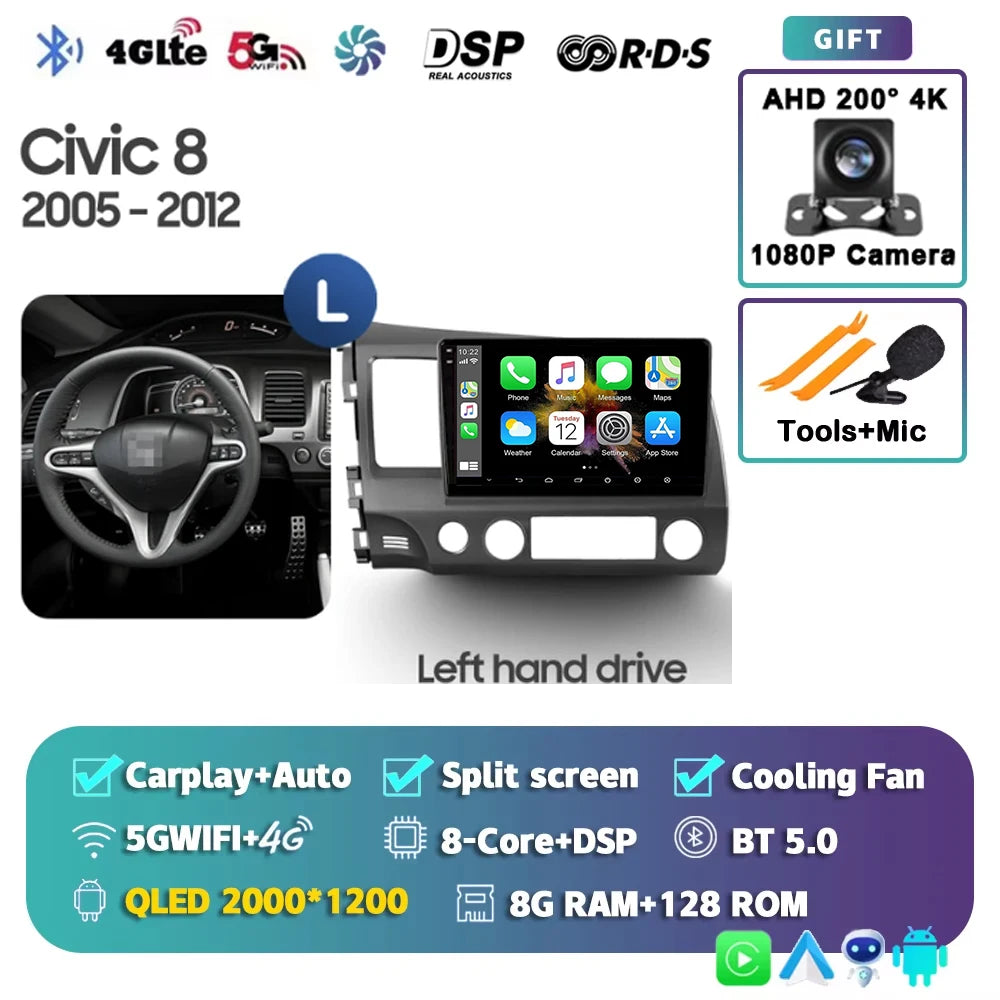 For Honda Civic 8 2005 - 2012 Android 15 Carplay Auto 4G WIFI Car Radio Multimedia Stereo Video Player GPS Navigation Plug and P