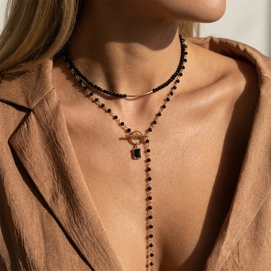 Dark Feminine Edgy 2 Piece Layered Necklace Set for Women Gold Color Black Beaded Choker Square Pendant Y-Drop Aesthetic Jewelry