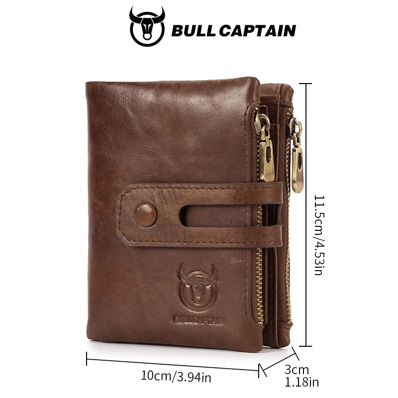 BULLCAPTAIN Genuine Leather RFID Men Wallet Credit Business Card Holders Double Zipper Cowhide Leather Wallet Purse Carteira 021