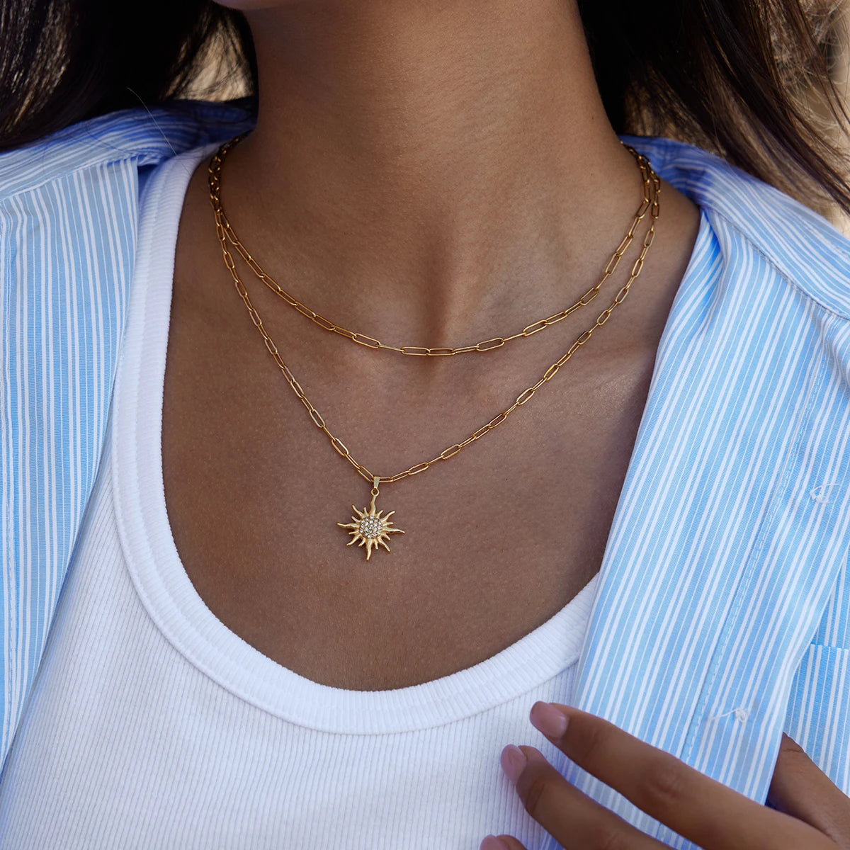 Uworld Unique Designer 18K Gold Color Plated Stainless Steel White Rhinestone Sun Pendant Necklace Stackable Multi Layer Necklac