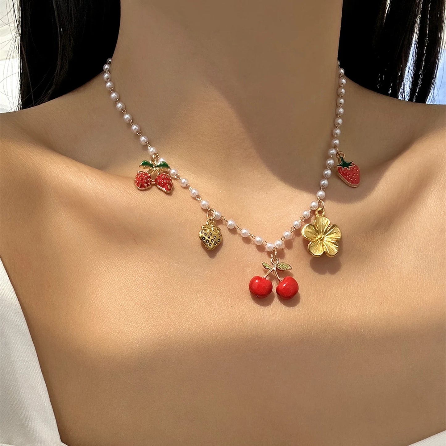 Sweet Charms Heart Cherry Strawberry Bow Multiple Pendant Necklace for Women New Trendy Cute Fruit Choker Chain Y2k Jewelry Gift