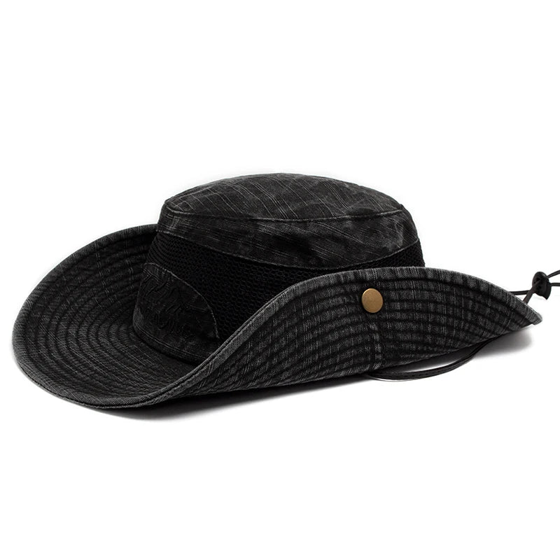 Men Summer Bucket Hat For Outdoor UV Protection Cotton Mesh Cap Panama Jungle Fisherman Hiking Travel Beach With Windproof Rope