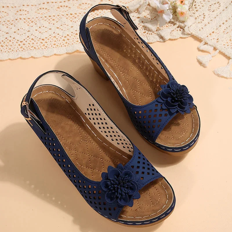 Fashion Flowers High Heels Sandals Women Back Strap Hollow Out Summer Sandles Woman 2025 Plus Size Thick Heeled Sandalias Mujer