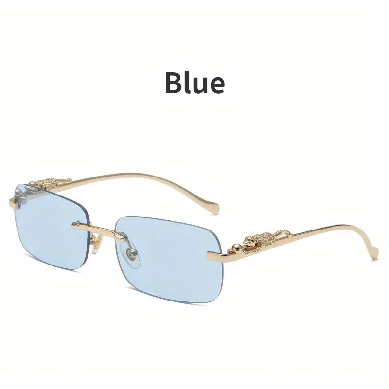 Frameless Rectangular Fashion Glasses for Men and Women Luxurious Design with Gold Metal Border Leopard Head Buckle