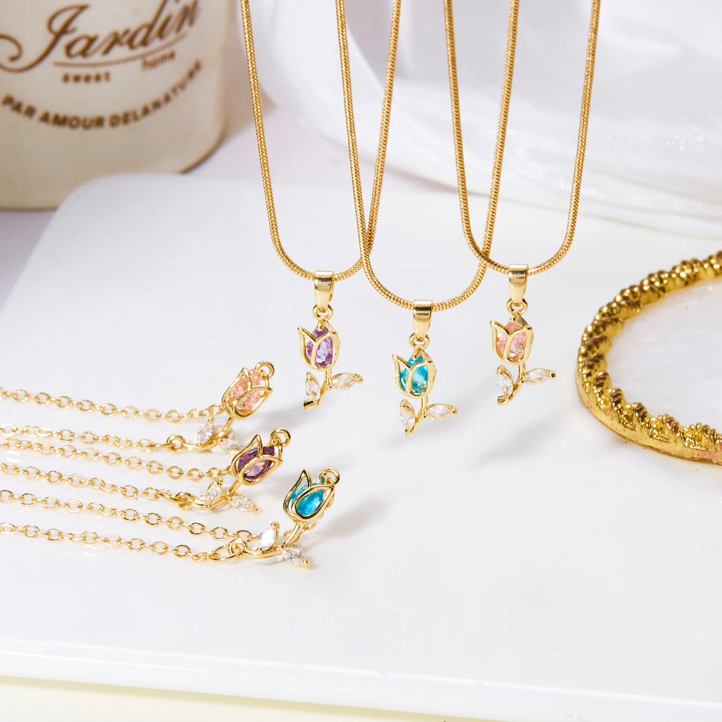 Exquisite Zircon Tulip Flower Pendant Necklace for Women Elegant Stainless Steel Clavicle Chain Fashion Party Jewelry Dropship