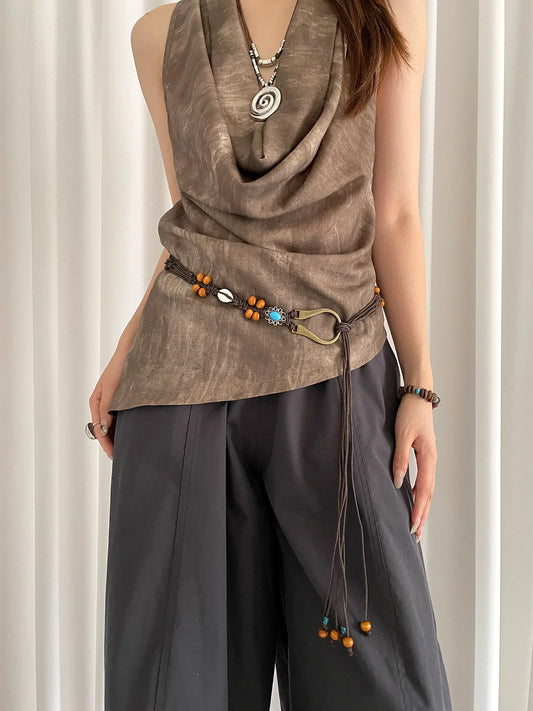 Bohemian Woven Shell Beads Brown Waist Rope Female Minority Retro Ethnic Style With Skirt Thin Waist Belt Accessory