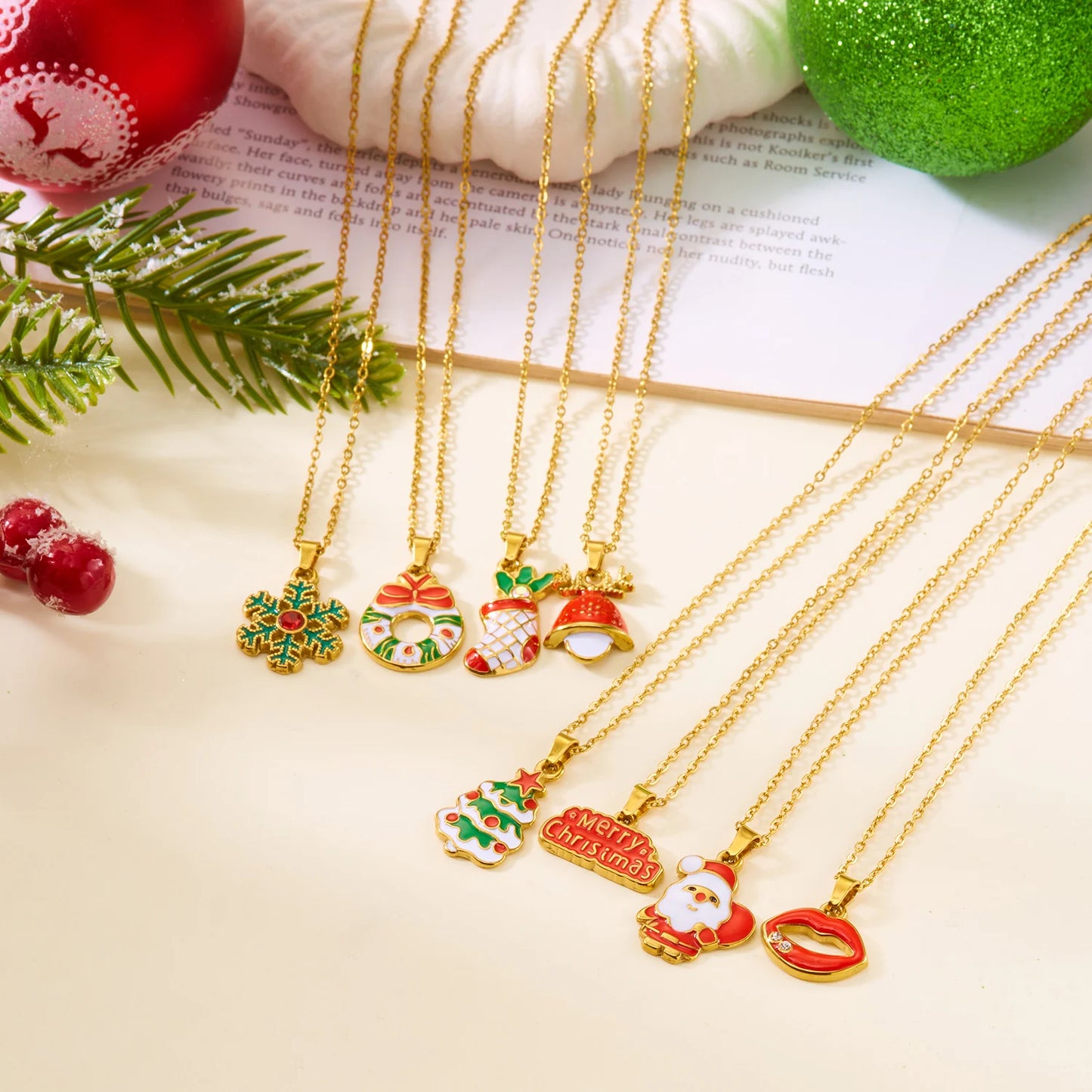 Stainless Steel Colorful Drip Oil Christmas Tree Snowman Pendant Necklace For Women Y2k Fashion Neck Chain Jewelry New Year Gift