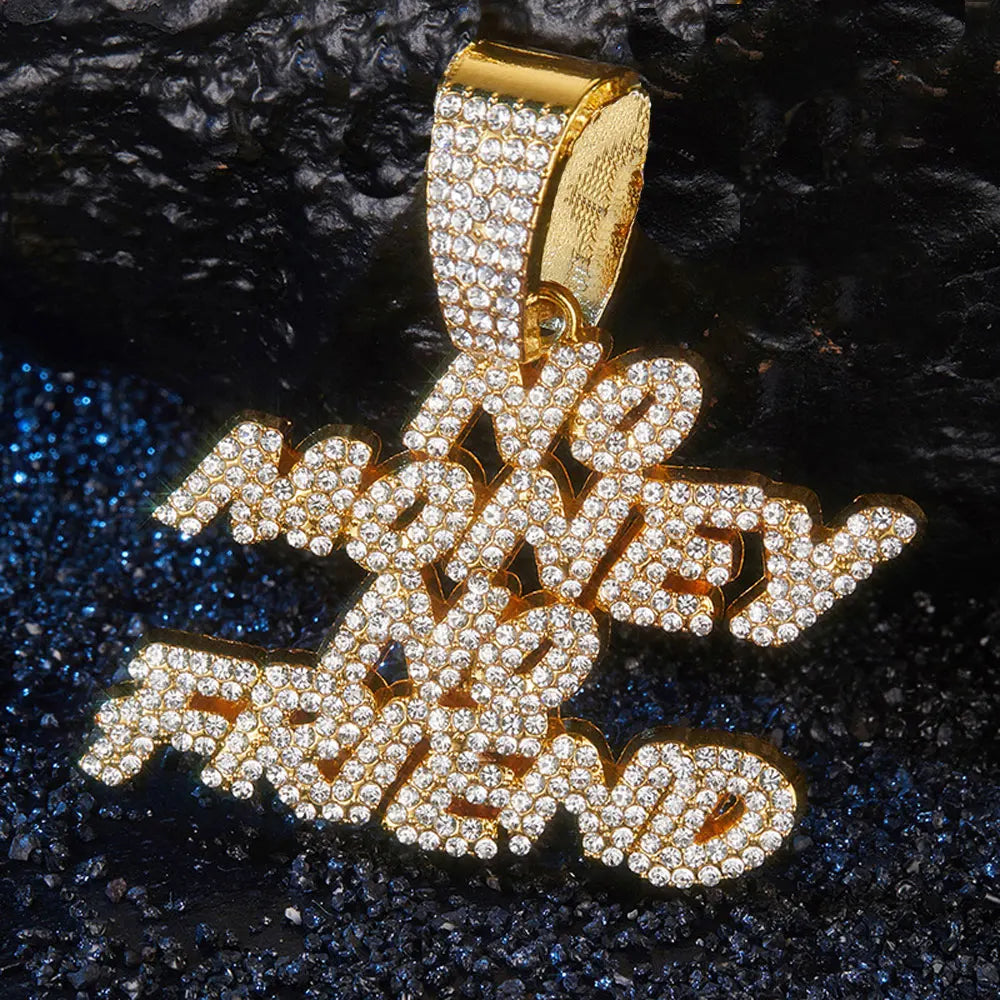 Men Women Hip Hop NO Money No Friend Pendant Necklace with 14mm Cuban Chain HipHop Iced Out Bling Necklaces Fashion Jewelry Gift