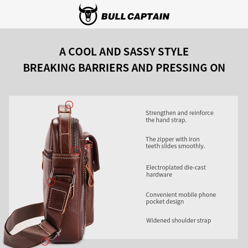 BULLCAPTIAN Men's Genuine Leather Shoulder Bag Multi functional Handheld Postman Bag Double layer 7.9-inch Computer Shoulder Bag