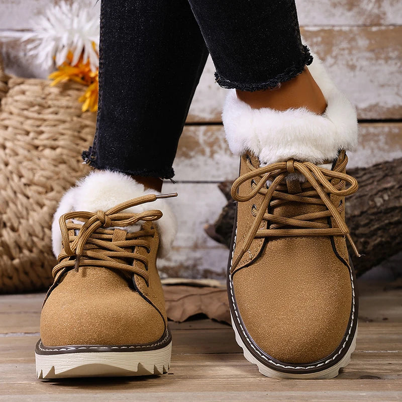 Faux Fur Non Slip Sole Snow Boots Women Autumn Winter Suede Lace Up Plush Sneakers Woman Warm Thick Sole Cotton Padded Shoes 43