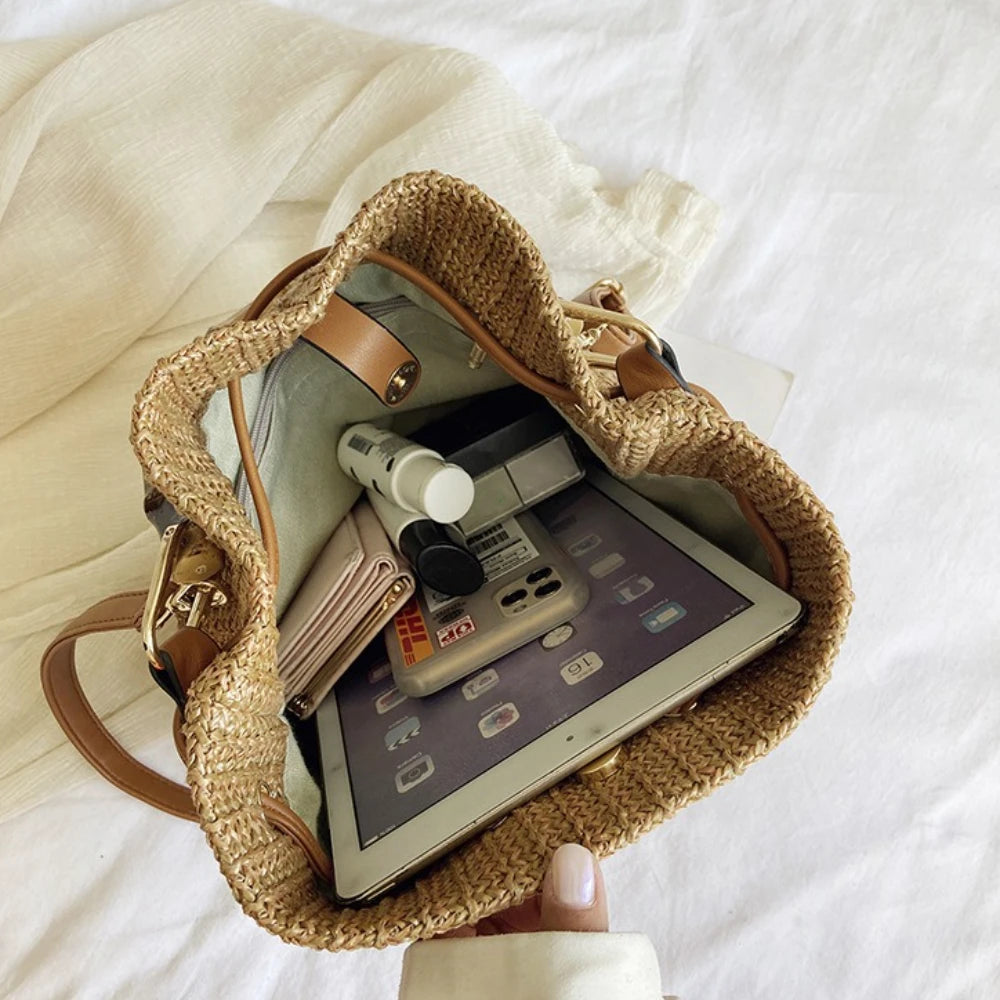 2026 Summer Beach Straw Bucket Bags Weave Tote Bag Female Bohemian Shoulder Bags for Women Lady Travel Handbags and Purses
