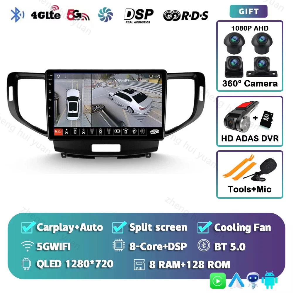 Android 14 For Honda Accord 8 2008 - 2012 CarPlay Auto 2K QLED Car Radio Multimedia Video Player GPS stereo Head Unit 4G WIFI