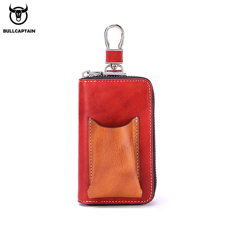 BULLCAPTAIN Men's Genuine Leather Key Case New Home Car Key Clip Men's Leather Key Case Mini Practical Key Chain Zipper Key Case