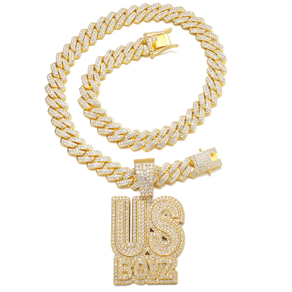 Men's Rhinestone US Boys Letter Pendant Necklace With 13mm Iced Out Bling Square Cuban Chain Charm Fashion Hip Hop Men Jewelry